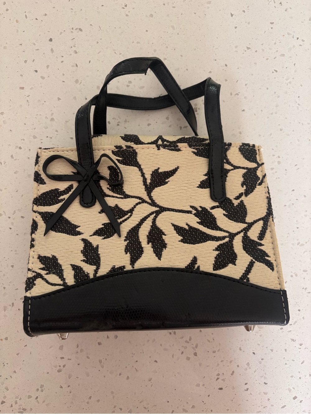 Black and Cream Floral Tote Hand Bag with Bow Accent Handbag